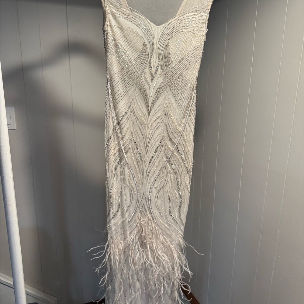 Parker Black Label Beaded Ivory Evening Dress with Feather Hem